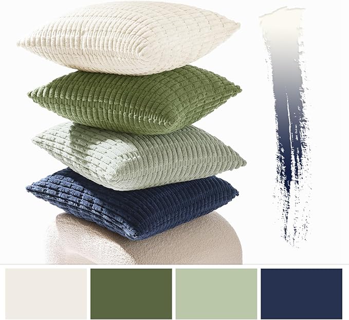 MIULEE Soft Corduroy Spring Throw Pillow Covers Set of 4 Green Blue 18x18 Inch Modern Farmhouse Boho Decorative Accent Cushion Covers for Couch Sofa Bedroom