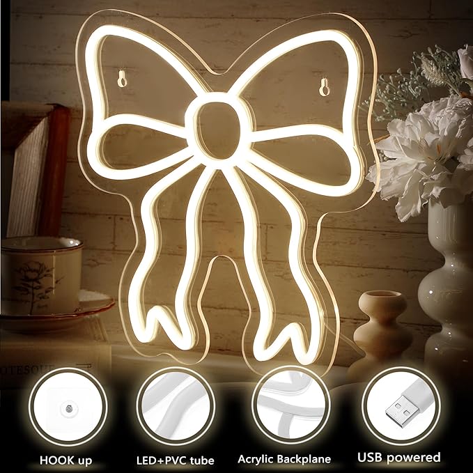 Retisee Bow LED Neon Sign Bedroom Women Room Neon Light Sign Coquette Aesthetic Home Wall Preppy Dorm Beauty Room Salon Decor Party Bar Decoration Gift for Her 11.8x11.8in (Warm White)