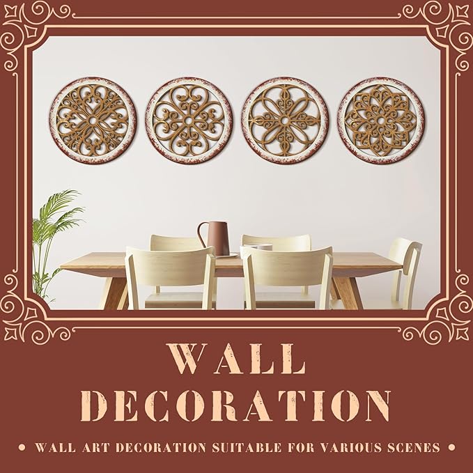Yulejo 4 Pcs Thicken Rustic Wall Decor Farmhouse Kitchen Wall Round Art Wooden Hollow Carved Design Rustic Art for Living Room Bedroom Hallway Decor (15.7 x 15.7 Inch,Light Brown)
