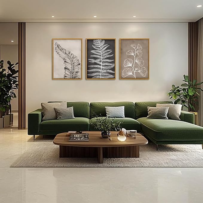 Wodkwq 3 Piece Black Beige Vintage Botanical Canvas Wall Art Framed,Modern Natural Leaves Wall Decor,Minimalist Floral Wall Painting, Abstract Leaf Art Print for Living Room,Bedroom,Office 12x16in