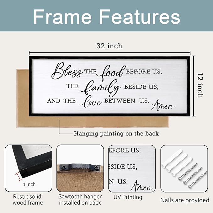 Foutcheou Bless The Food Before Us Wall Decor, 32"X12" The Love Between Us Sign Framed Farmhouse Kitchen Wall Decororation, Rustic Christian Bible Verse Wall Art for Dining Room