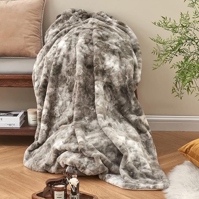 Krifey Faux Fur Throw Blanket, Soft Fluffy Cozy Blanket for Couch, Luxury Mink Blanket Warm Bed Throw, Plush Christmas Birthday Gifts for Women, Room Home Dorm Decor, Marbled Gray 50" x 60", 600GSM