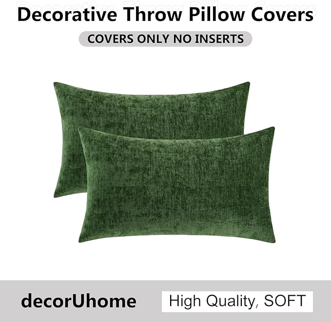 decorUhome Chenille Moss Green Throw Pillow Covers 12x20 Inch Set of 2, Decorative Soft Couch Pillow Covers Solid Dyed Accent Farmhouse Neutral Rectangle Pillow Cases for Sofa