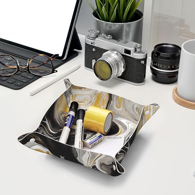 Black and Gold Swirl liquid ink marble Leather Vanity Tray Desktop Storage Organizer Decor Catchall Perfume Bathroom Valet Tray Nightstand Caddy Holder for Keys Phone Wallet Coin Jewelry, S