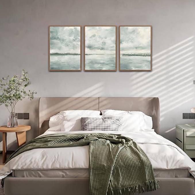 CHDITB Abstract Coastal Landscape Framed Wall Art, Lake Pastel Painting, Misty Sky Seascape Print, Blue Gray Artwork Minimalist Neutral Nature Wall Decor for Zen Living Room Bedroom Office 16"x24"x3