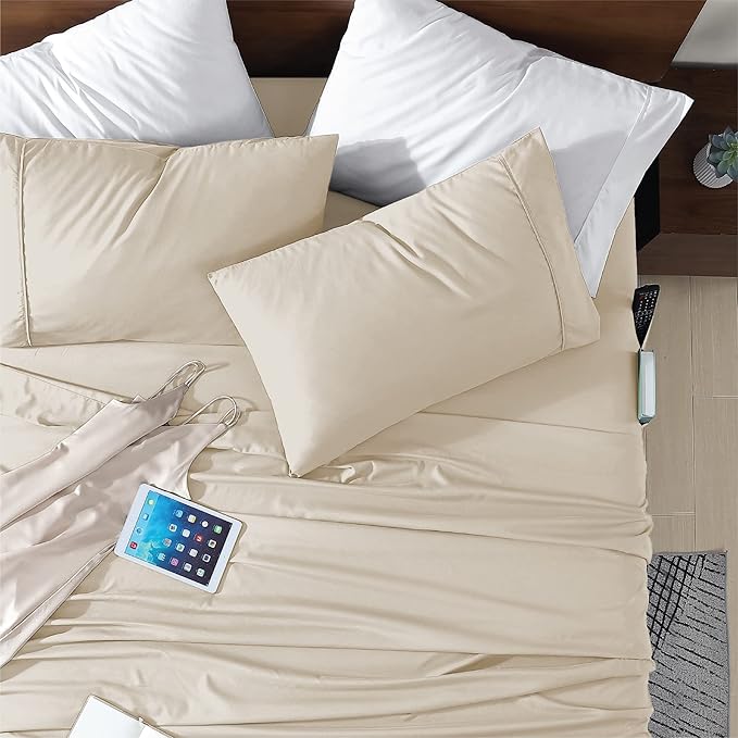 Swift Home Smart Sheets, Ultra Soft Brushed Microfiber 4-Piece Sheet Set, Fitted Bed Sheet with Side Storage Pockets – Cream, Full