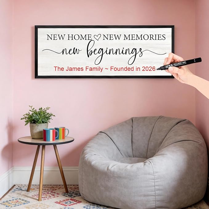 New Home, New Memories, New Beginnings Wall Decor Sign – 32x12 Inch Framed Wooden Sign with Writable Family Name & Year Space, Rustic Farmhouse Housewarming Gift for New Home, Entryway, Living Room, Black