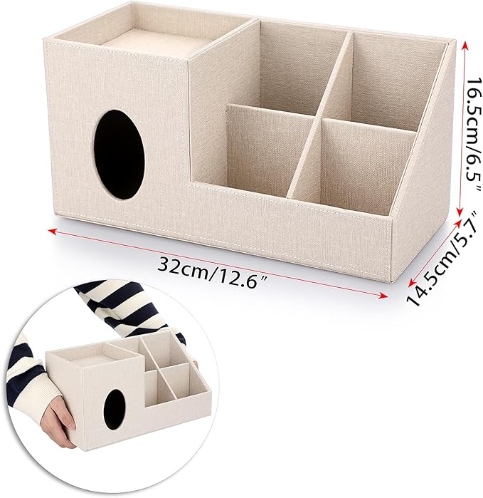 Sumnacon Square Linen Tissue Box Cover - Decorative Cube Tissue Cover with Side and Top Organizer, Modern Tissue Holder for Living Room Vanity Night Stand Table Countertop Office, Beige