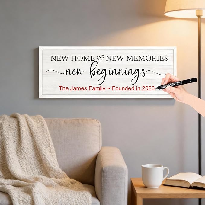 New Home, New Memories, New Beginnings Wall Decor Sign – 32x12 Inch Framed Wooden Sign with Writable Family Name & Year Space, Rustic Farmhouse Housewarming Gift for New Home, Entryway, Living Room, White
