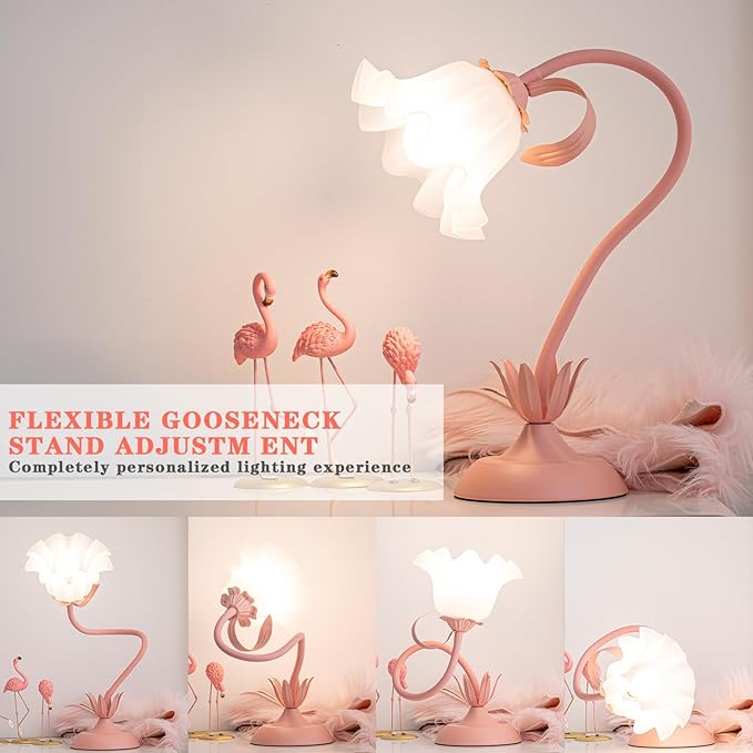Flower Table Lamp, LED Reading Light Vintage Bedside Table Lamp with 3 Color Modes for Nightstand, Kawaii Decoration for Home Bedroom Living Room (Pink)