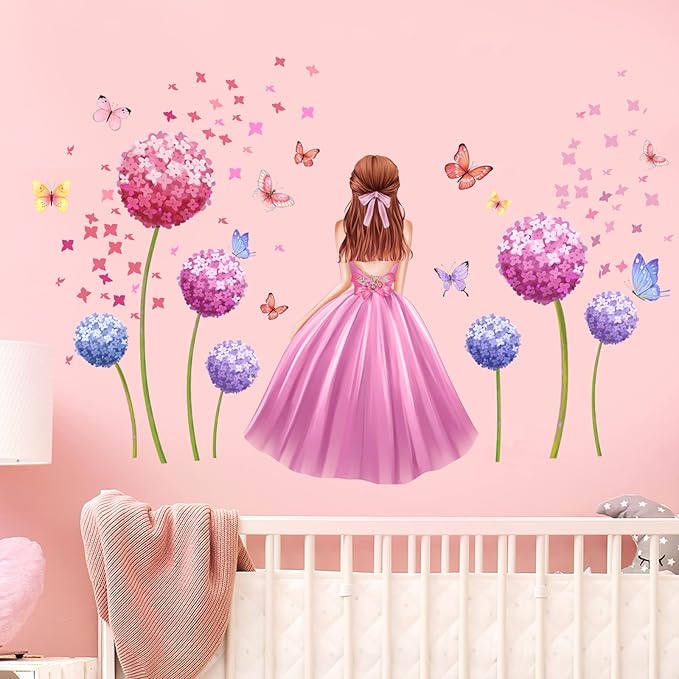 Pink Flower Wall Sticker Butterfly Fairy Girl Wall Decals DIY Purple Princess Removable Dandelion Floral Wall Decals Waterproof Decal Mural for Kids Nursery Bedroom