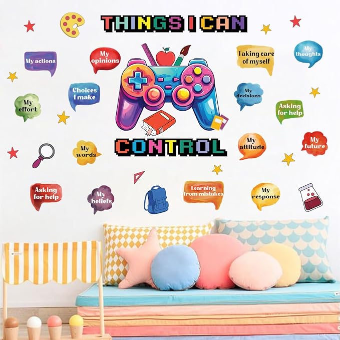 Things I Can Control Watercolor Game Wall Decal, Psychologically Inspirational Quote Vinyl Wall Sticker, Removable Gamer Self Affirmation Artwork for School Classroom Playroom Game Room Decor
