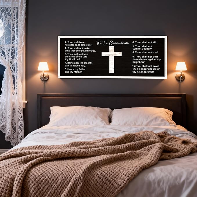 Ten Commandments Rustic Bible Verse Framed Wall Decor, 40" x 15", Religious Christian Slogan Representing a Prayer to God Jesus Christ, Vintage Horizontal Holy Inspirational Catholic Scripture Decor