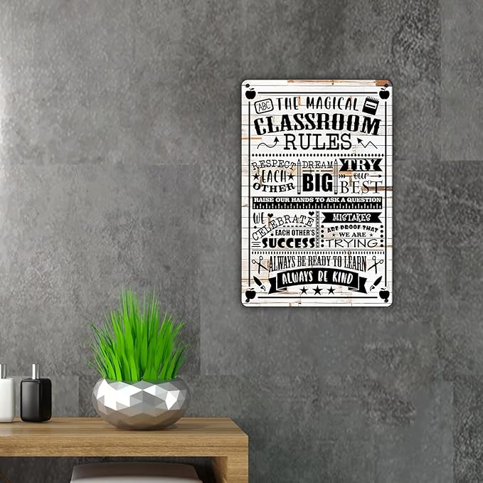 QIONGQI Funny classroom Rules Metal Tin Sign Wall Decor Rustic Farmhouse Classroom Sign Decor Gifts(Wooden Style)