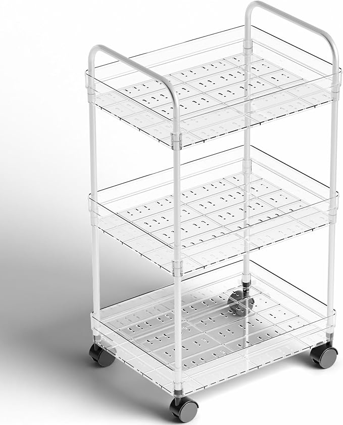 Yieach 3 Tiered Clear Rolling Cart with Wheels,Acrylic Storage Cart on Wheels for Bedside,College Dorm Room,Bathroom Organizers and Storage Shelf,Utility Cart Organizer for Snack,Craft,Diaper Caddy