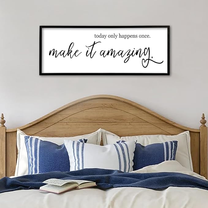 flowtorely Motivational Wall Decor Today Only Happens Once Make It Amazing Sign 40"X15" Inspirational Quote Positive Plaque Large Vintage Wood Frame for Office Encouragement Wall Hanging Art (Black)