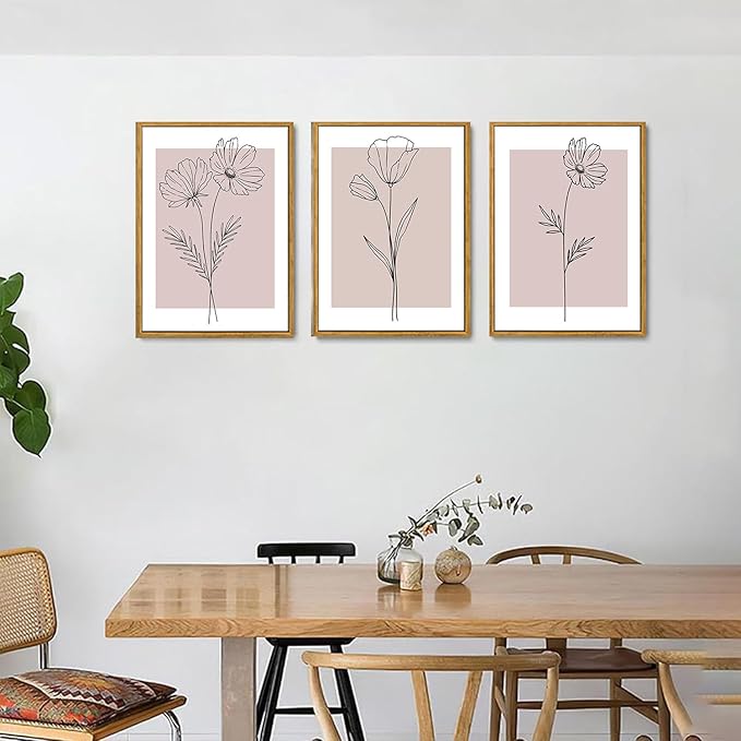Wodkwq 3 Piece Pink Canvas Wall Art Set Framed,Pink Flower Wall Decor,Floral Prints,Botanical Line Painting,Minimalist Poster Pink Aesthetic for Girls' Room,Living Room,Bedroom,Office 16x24in