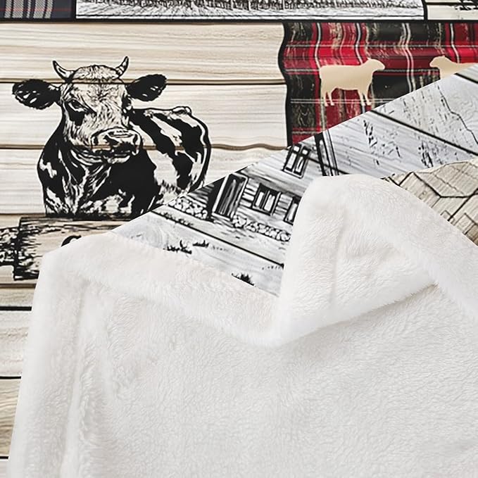Rustic Farm Animal Fleece Bed Blanket Queen 90"X90" Retro Buffalo Plaid Farmhouse Cabin Throw Blanket Country Sheep Chicken Cow Print Sherpa Blanket,Grid Windmill Flannel Blanket Red Black Grey
