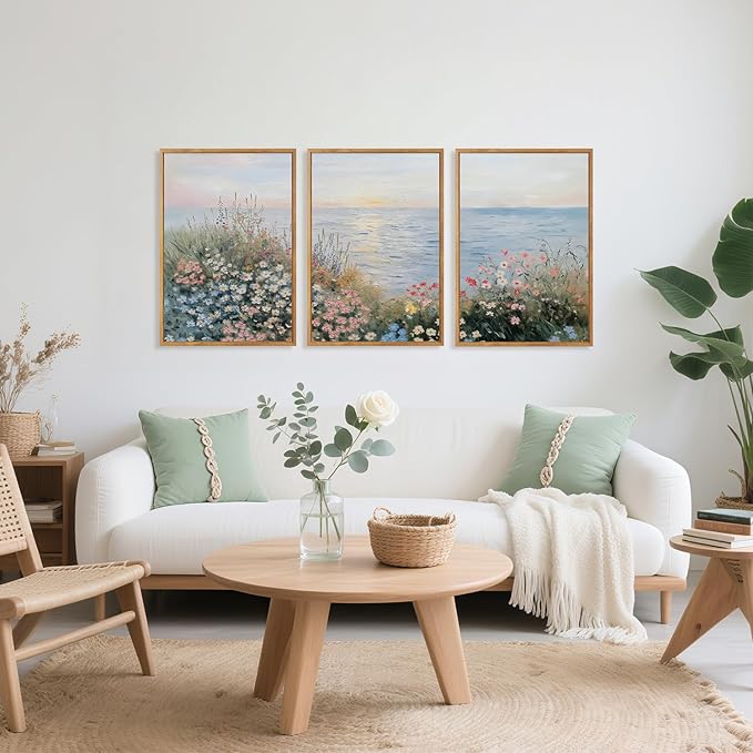 CHDITB Coastal Wildflower Framed Wall Art, Minimalist Beach Wall Decor, Nature Seaside Flower Painting, Modern Neutral Botanical Artwork Floral Ocean Art Prints For Living Room Bedroom Decor 12”X16”X3