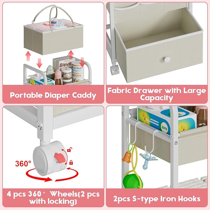 2In1 Baby Diaper Caddy Organizer and Storage, 3 Tier Rolling Cart with Drawer, Mobile Utility Cart Baby Dresser Clothes Organizer for Crib, Art & Craft Storage, White, 17"W x 11.42"D x 33.5"H