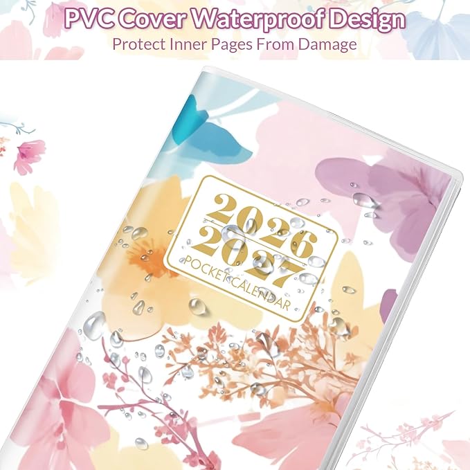 Pocket Calendar 2026-2027, Floral 2026-2027 Monthly Planner - 3.7" x 6.7" - Runs from January 2026 Until December 2027, 2026 Pocket Calendar with PVC Cover for Organizing & Planning