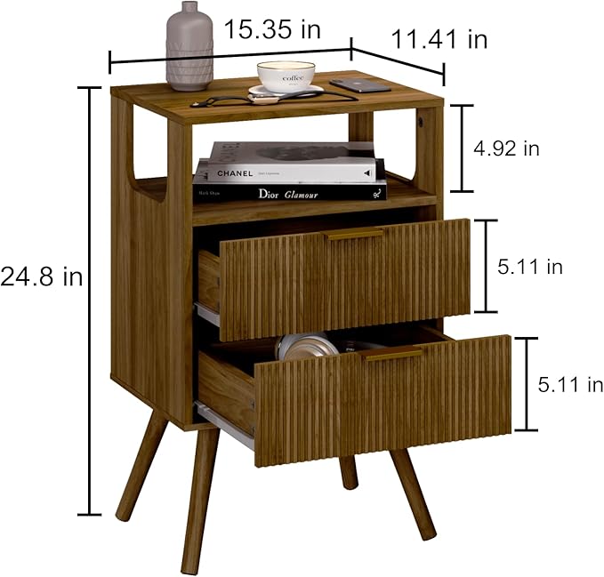 Mid Century Modern Nightstand, Modern Night Stand with 2 Storage Drawer and Opening Storage, Fluted Bedside Table with Solid Wood Legs for Bedroom