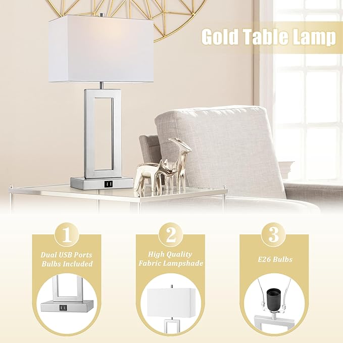 Silver Table Lamps Set of 2 with Dual USB Ports,3-Way Dimmable Touch Control Bedside Lamps,Modern Bedroom Table Lamp for Living Room,Nightstand LED Bulbs Included