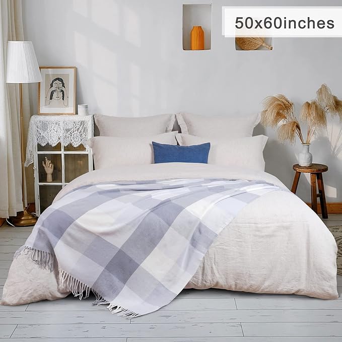 David's Home Buffalo Plaid Throw Blanket- Soft Lightweight Tartan Checker Blanket with Decorative Tassels for Couch Sofa-Outdoor Fringe Lap Throw-Farmhouse Style-50x60 Inches-White+Greyish Blue/Purple