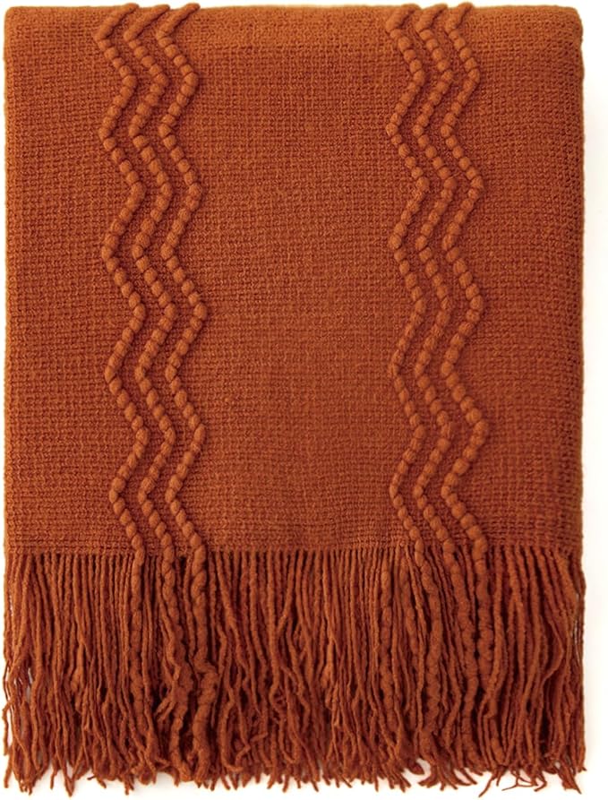 MIULEE Rust Knitted Throw Blanket for Couch Boho Terracotta Textured Cozy Woven Blanket with Tassels for Sofa Chair Bed Living Room Acrylic Wave Pattern 60"x80"