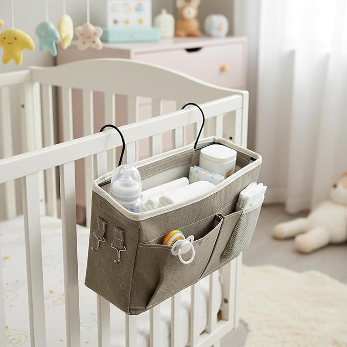 Bedside Caddy, Bedside Storage Bag Hanging Organizer for College Dorm Beds, Hospital Beds, Headboards Bunk Beds, Glasses, Book, Phone, Magazine (Grey)