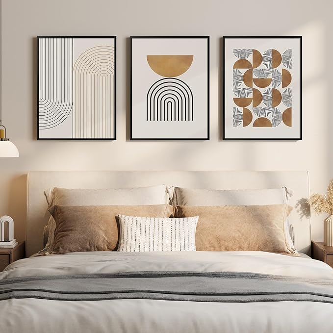 Framed Boho Wall Art for Bedroom, 3 Piece Modern Geometric Canvas Artwork for Walls, Neutral Minimalist Picture Prints for Living Room Dining Room Kitchen Hallway Wall Decor, 12x16 Inch