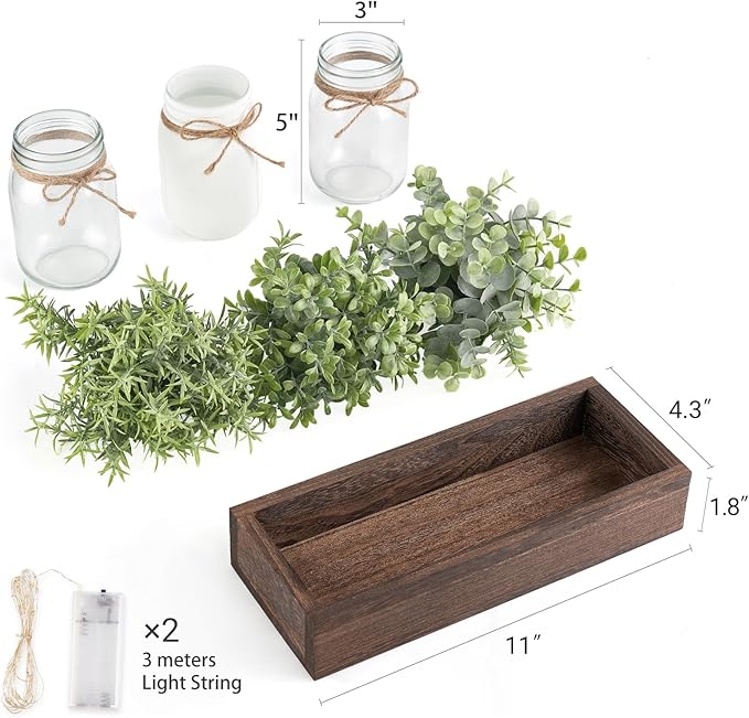 Mkono Mason Jar Lights Table Centerpiece for Dining Room Fake Eucalyptus Plants Christmas Table Decor for Kitchen Coffee Table Living Room Bathroom