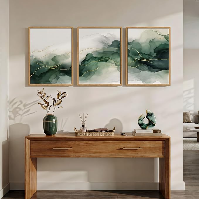 Framed Abstract Green Room Wall Decor, 3 Piece Modern Minimalist Watercolor Wall Art for Living Room, Flowing Gold Lines White Painting Print Canvas Artwork for Bedroom Home Office Walls, 12x16 Inch