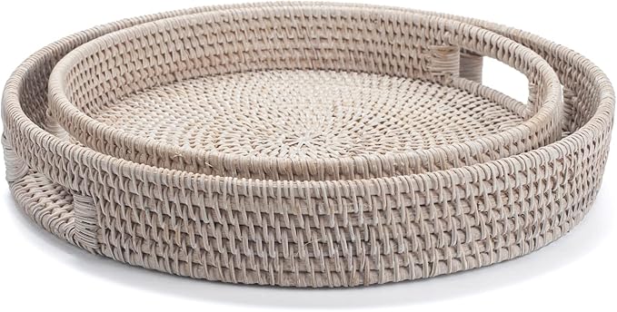 13.8 inch Round Rattan Tray, Decorative Coffee Table Tray, Ottoman Tray, Woven Serving Tray with Handles, Wicker Serving Basket, Whitewash
