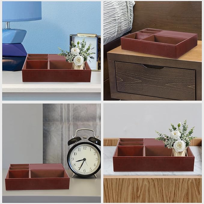 Beaupretty Brown Faux Leather Jewelry Storage Box with Multiple Compartments, Nightstand Organizer for Rings, Watches, Wallets, and Phones, Retro Style Jewelry Holder for Bedroom and Dresser