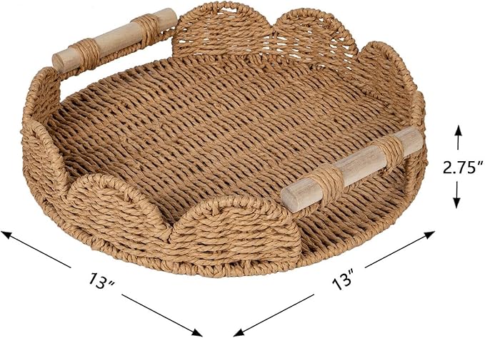 CubesLand Round Scalloped Decorative Centerpiece Tray for Coffee Table, Home Decor, Living Room - Neutral Tray w/Wooden Handle – Warm and Elegant for Holidays, Housewarmings - Candle Plate Holder