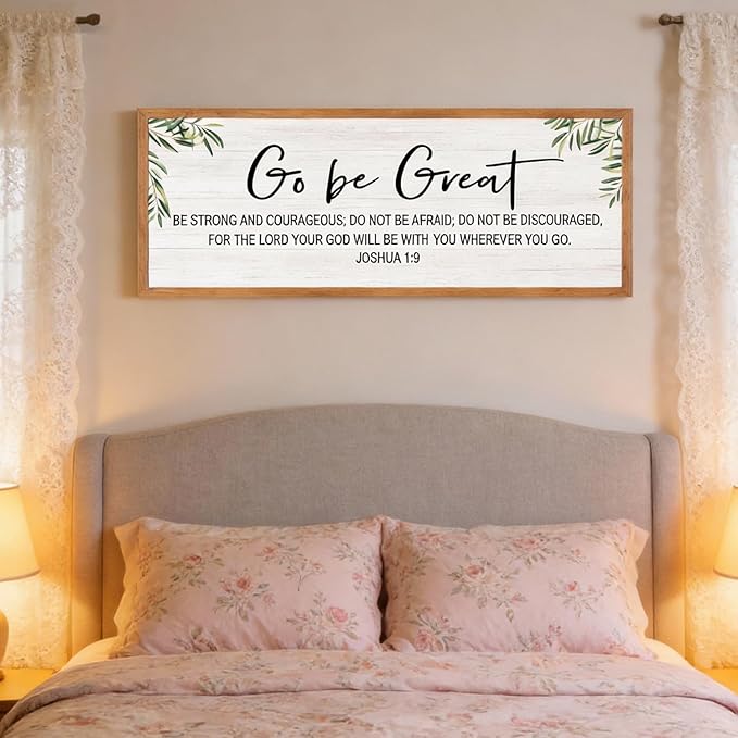 Go Be Great Wall Decor: 40x15 Inch Large Framed Bible Verse Wall Art, Joshua 1:9 Scripture Sign, Christian Wall Decor for Bedroom Living Room, Black Wooden Frame, Natural