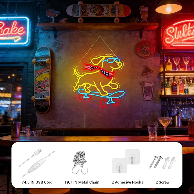 Dachshund Skateboarding Neon Sign, Skateboard Dog Neon Signs for Wall Decor Cool LED Wall Art Decor, Dimmable Dog Lover Gift for Living Room, Bar, Shop, or Birthday Party (Dachshund -Blue)