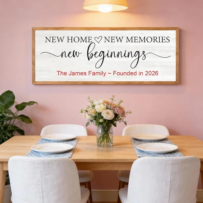 New Home, New Memories, New Beginnings Wall Decor Sign – 32x12 Inch Framed Wooden Sign with Writable Family Name & Year Space, Rustic Farmhouse Housewarming Gift for New Home, Entryway, Living Room, Natural