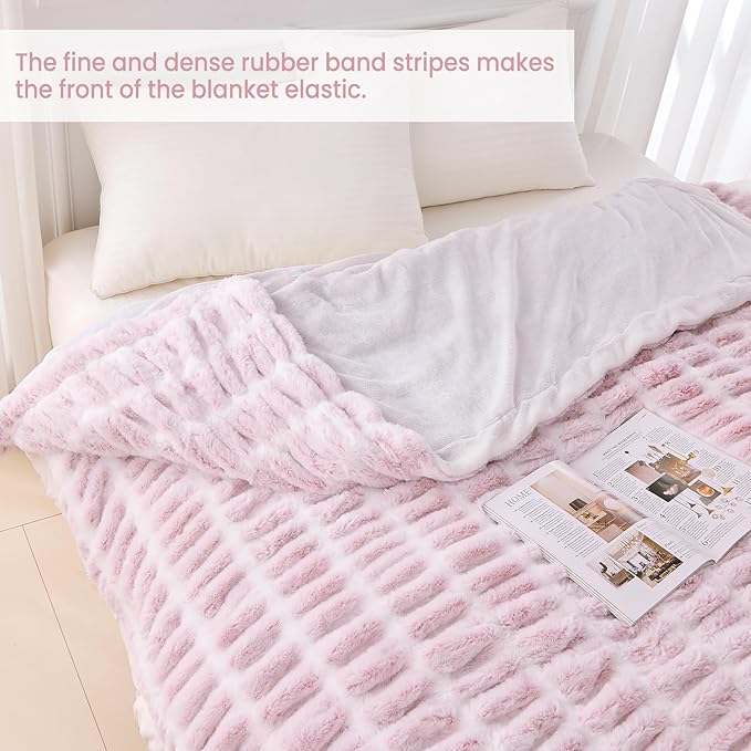 Warm Fuzzy Faux Fur Blanket, Elastic Striped Fleece Throw Blanket for Couch Sofa Bed Living Room, Light Pink Double-Sided Furry Blanket and Throws - 50"x 60"
