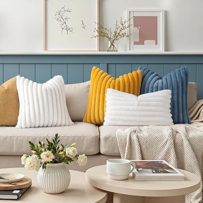 MIULEE Faux Fur Decorative Throw Pillow Covers 20x20 Inch Set of 2, Retro Vintage Boho Spring Home Decor Soft Plush Couch Pillows Cozy Fluffy Cushion Covers for Sofa Bed Mustard Yellow