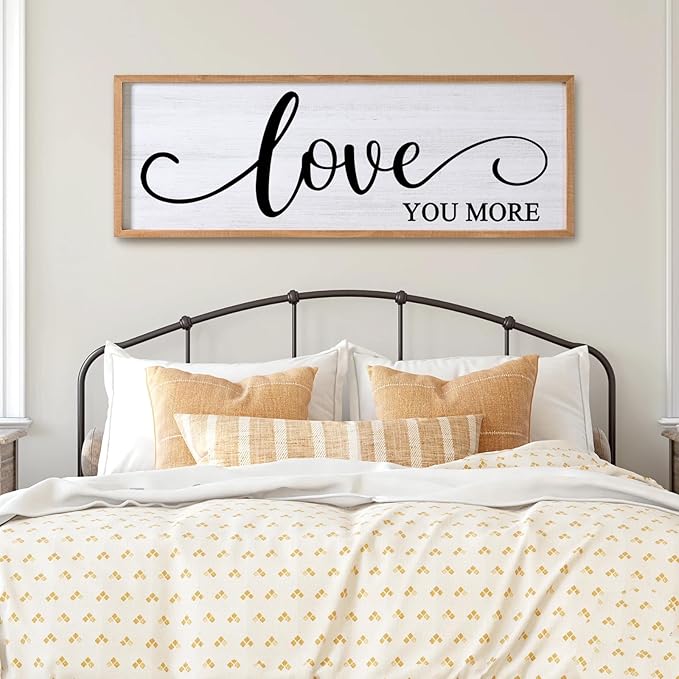 Love You More Decorative Rustic Sign & Plaque Framed Wall Art for Couples, 40''×15'' Vintage Cottagecore Wooden Horizontal Love Quote Home Decor Above Bed for Living Room, Farmhouse Wedding Gift