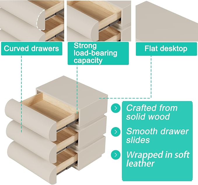 Modern Nightstand with Storage, Small End Table with Upholstered Leather Finish, 3 Solid Wood Drawers for Bedroom Bedside and Living Room