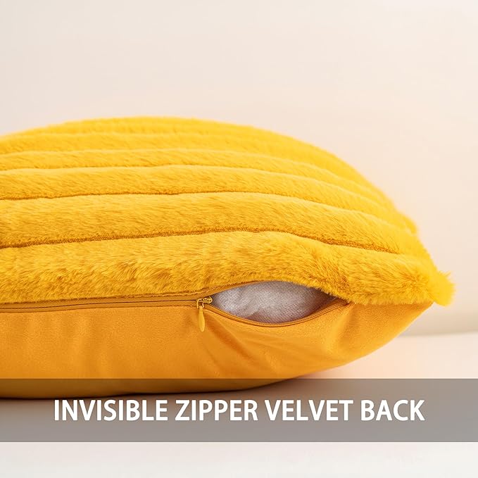 Aegero Pack of 2 Faux Fur Fall Throw Pillow Covers 16x16 Inch, Soft Plush Striped Neutral Couch Pillow Cover, with Velvet Back Modern Home Decor for Sofa Living Room Couch Bed Yellow