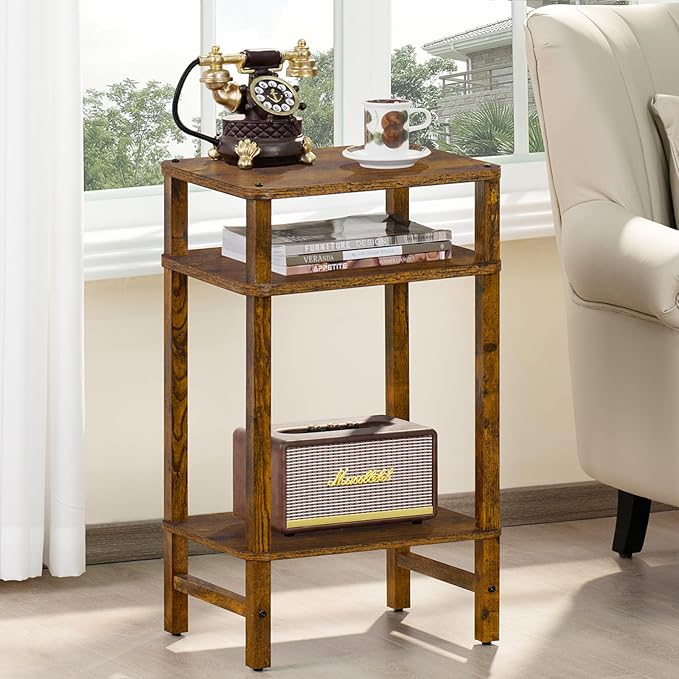 Side Table End Table Tall Night Stand 3-Tier 2 Pack for Living Room Bedroom Bathroom Office Furniture Brown