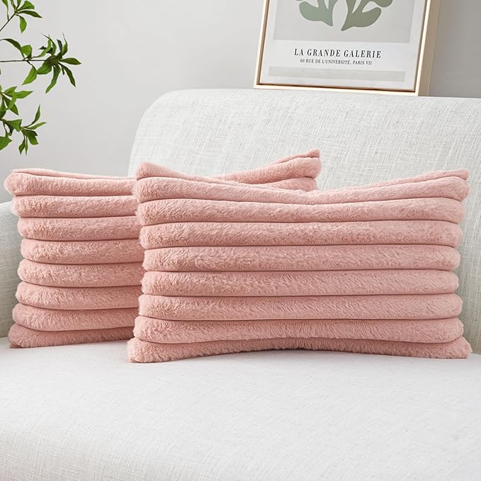 MIULEE Faux Fur Lumbar Valentines Decorative Throw Pillow Covers 12x20 Inch Set of 2, Modern Spring Home Decor Cute Soft Plush Couch Pillows Cozy Fluffy Cushion Covers for Sofa Bed Blush Pink