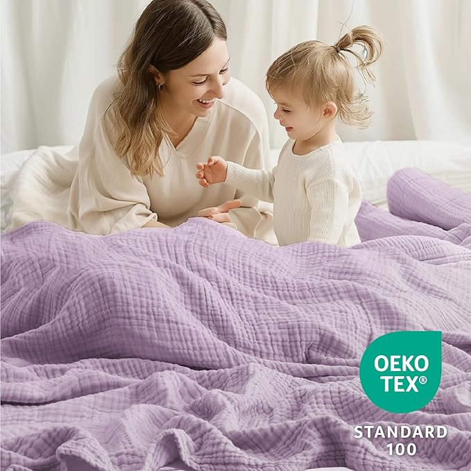 100% Cotton Muslin Blanket California King 120" x 90", 6 Layers Breathable and Lightweight Oversized Blankets for Bed, Soft Cooling Gauze Blanket for Adults All Season, Lavender