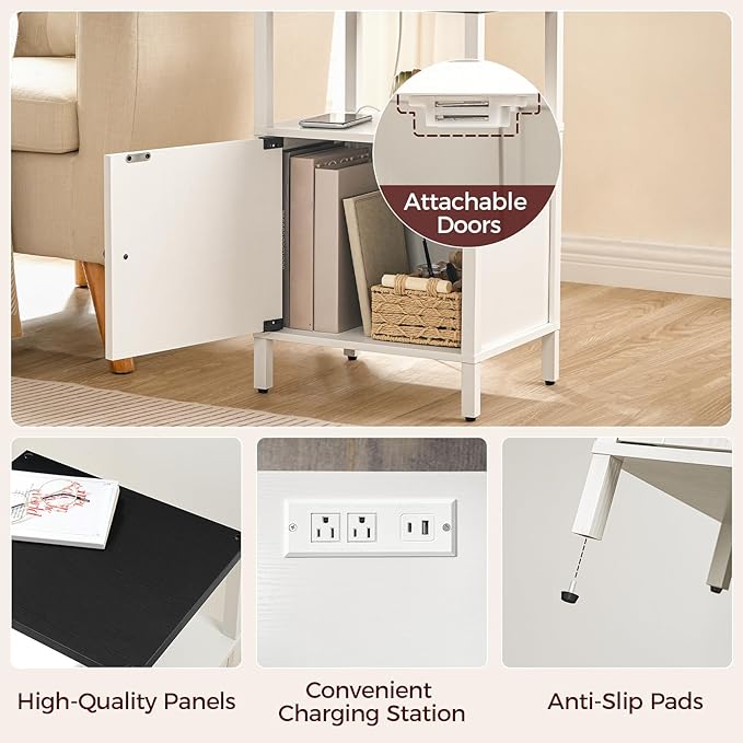 Set of 2 Farmhouse Nightstand with Charging Station, White Bedside Table with USB&Type-C Ports and Outlets, End Table with Storage, Night Stand for Bedroom, White and Black ETBW96E01S2