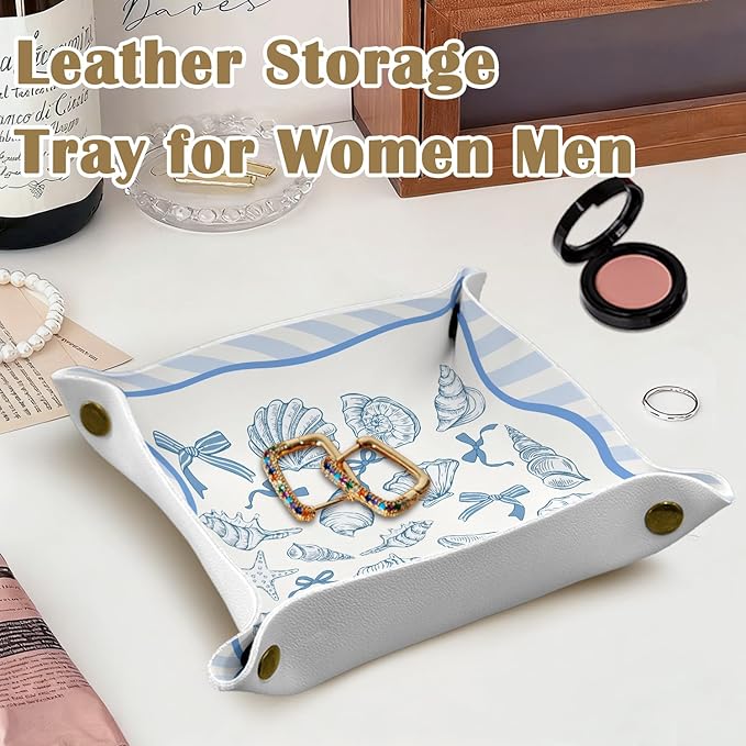 Coastal Beach Coastal Seashell Jewelry Valet Tray for Women, Beach Lovers Gifts PU Leather Catchall Beside Caddy Nightstand Organizer Tray for Jewelry Rings Watches and Accessories,7.87x7.87in