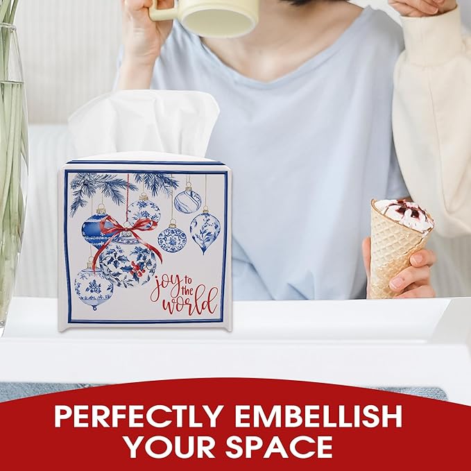 Christmas Balls Design Tissue Box Cover Holder, Blue White Leather Tissue Box Cover Square, Joy to The World Christmas Decor for Bathroom Kitchen Car Office, Porcelain Print(5.2 Inches)-B05